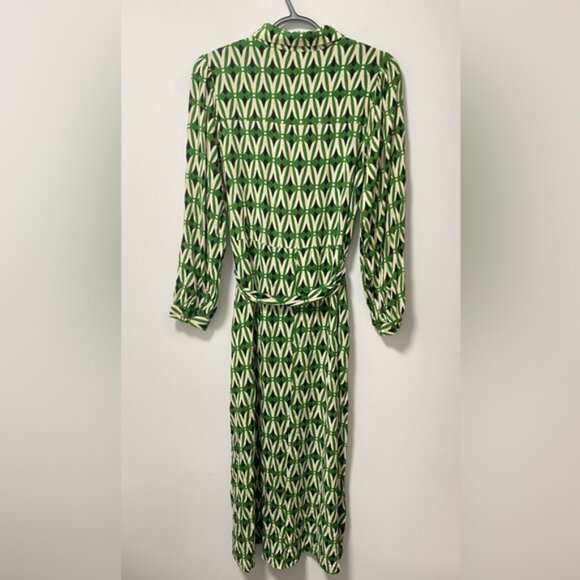 Zara Geometric Print Belted Midi Dress Green/Black/White Size M — 100% Viscose - Picture 4 of 9